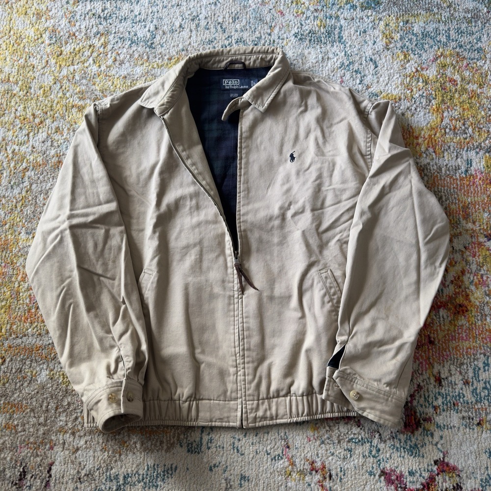 Vintage Polo Ralph Lauren Harrington Jacket Beige Plaid Lined Bomber Coat Large